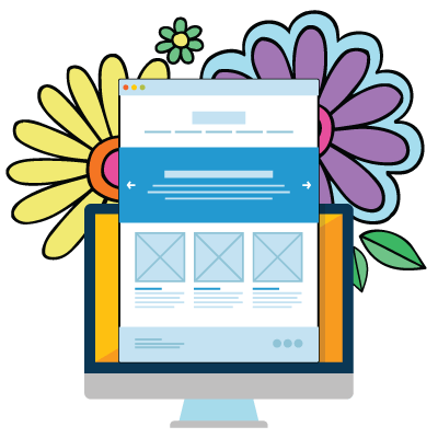 Website wireframe graphic with hippie flowers behind