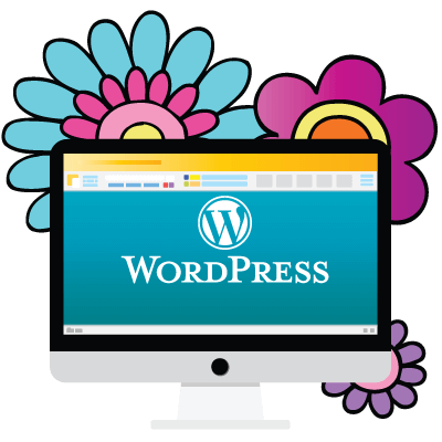 Wordpress logo on a computer screen and hippie flowers in the background