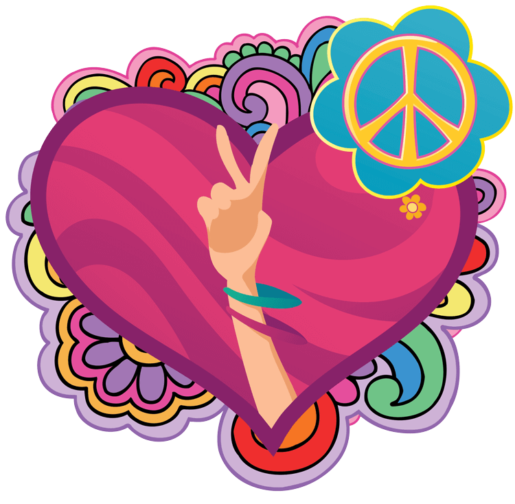 Cartoon of woman's hand holding up a peace sign in front of a heart