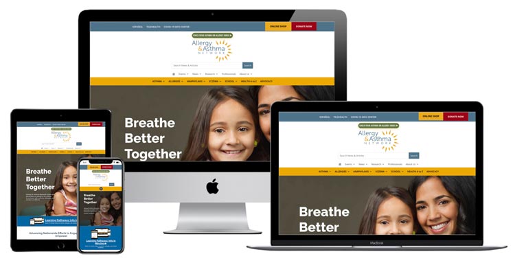 Mockup of Allergy Asthma network website on various screen sizes