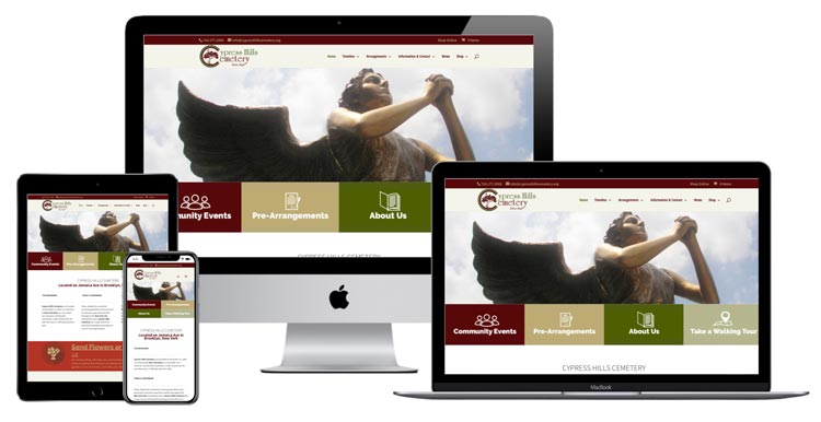 Mockup of Cypress Hills Cemetery website on various screen sizes