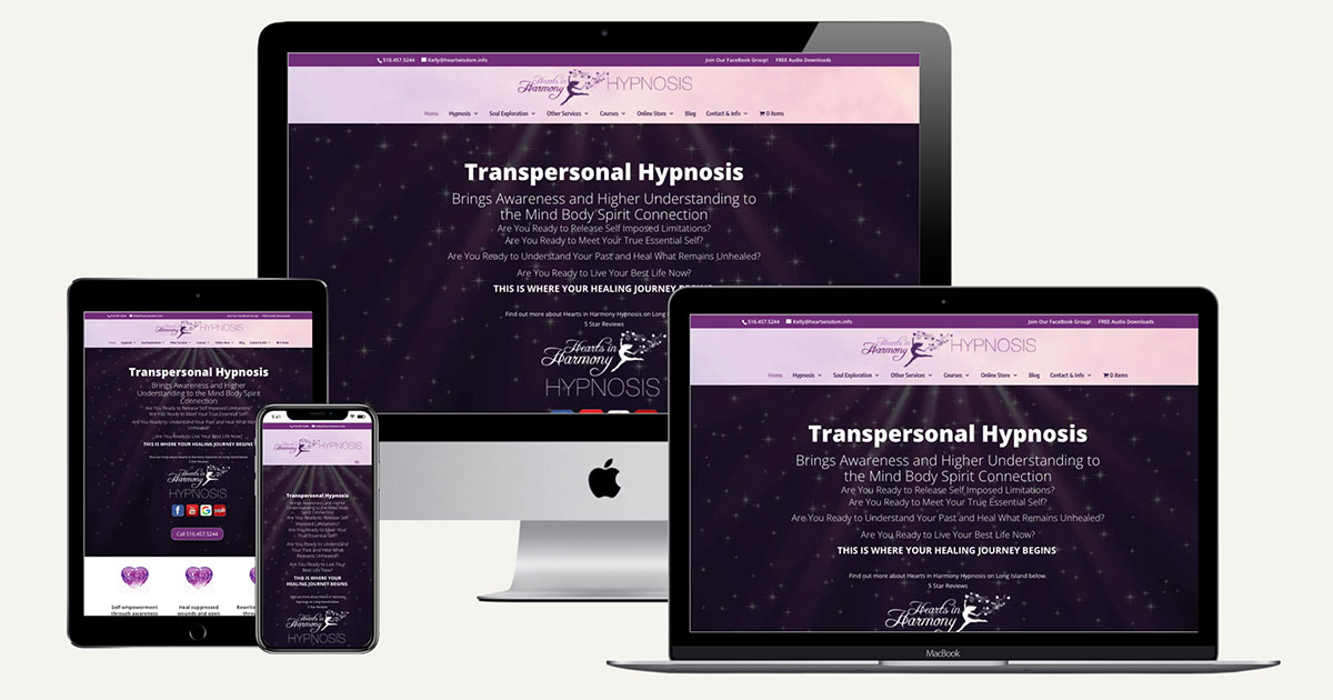 Hearts in Harmony Hypnosis website on various sized screens